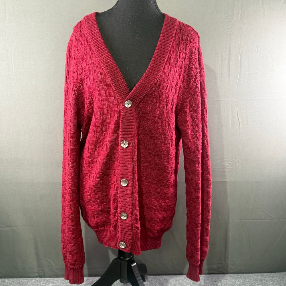SNS Herning Cardigan Men M Wool Waffle Knit Old Money Minimalist Burgundy Red